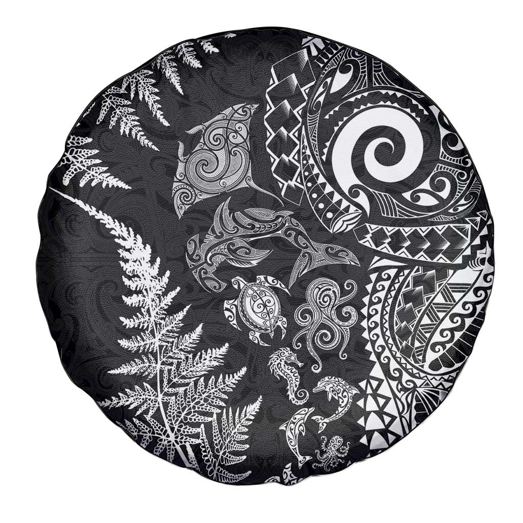 New Zealand Sea Animals Spare Tire Cover with Maori Koru Tribal Tattoo and Silver Ferns Black Color