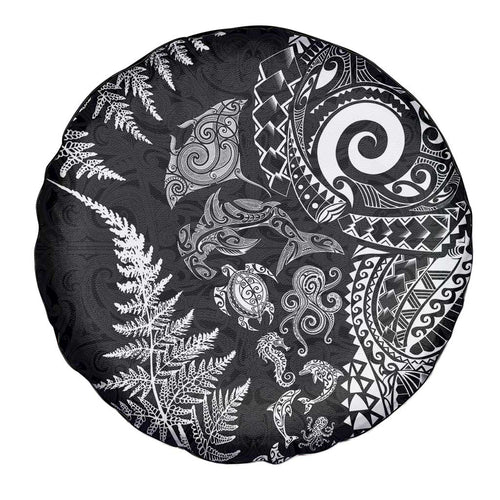 New Zealand Sea Animals Spare Tire Cover with Maori Koru Tribal Tattoo and Silver Ferns Black Color