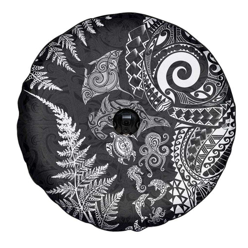 New Zealand Sea Animals Spare Tire Cover with Maori Koru Tribal Tattoo and Silver Ferns Black Color