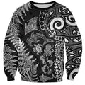 New Zealand Sea Animals Sweatshirt with Maori Koru Tribal Tattoo and Silver Ferns Black Color