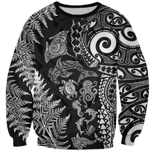 New Zealand Sea Animals Sweatshirt with Maori Koru Tribal Tattoo and Silver Ferns Black Color