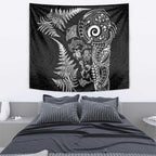 New Zealand Sea Animals Tapestry with Maori Koru Tribal Tattoo and Silver Ferns Black Color