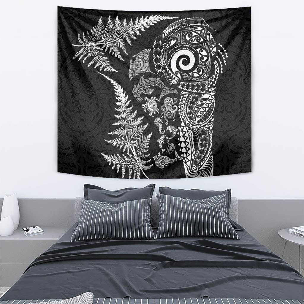 New Zealand Sea Animals Tapestry with Maori Koru Tribal Tattoo and Silver Ferns Black Color