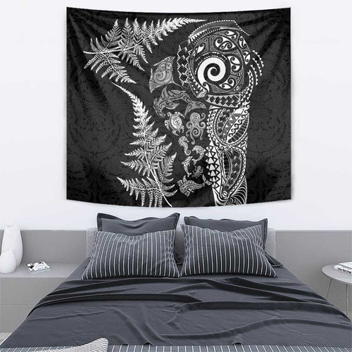 New Zealand Sea Animals Tapestry with Maori Koru Tribal Tattoo and Silver Ferns Black Color