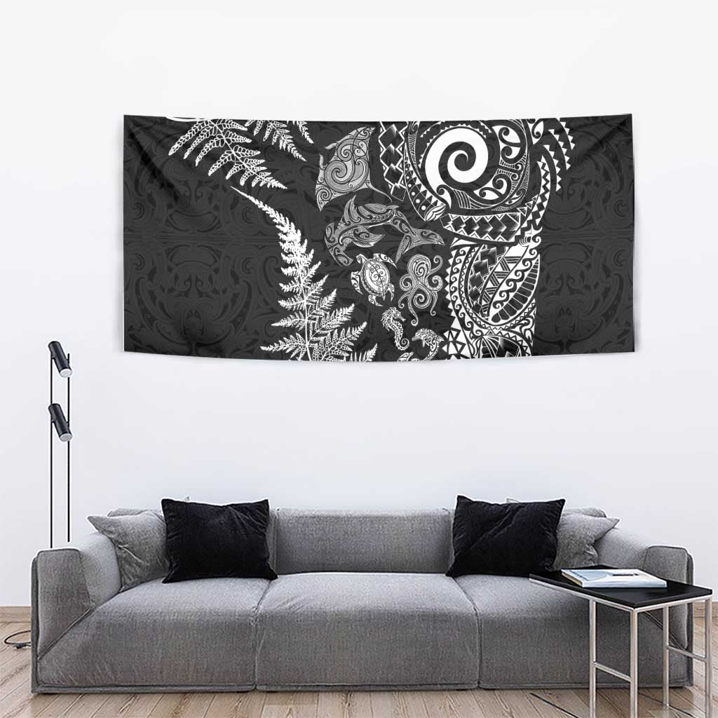 New Zealand Sea Animals Tapestry with Maori Koru Tribal Tattoo and Silver Ferns Black Color