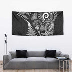 New Zealand Sea Animals Tapestry with Maori Koru Tribal Tattoo and Silver Ferns Black Color