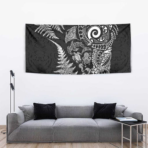 New Zealand Sea Animals Tapestry with Maori Koru Tribal Tattoo and Silver Ferns Black Color