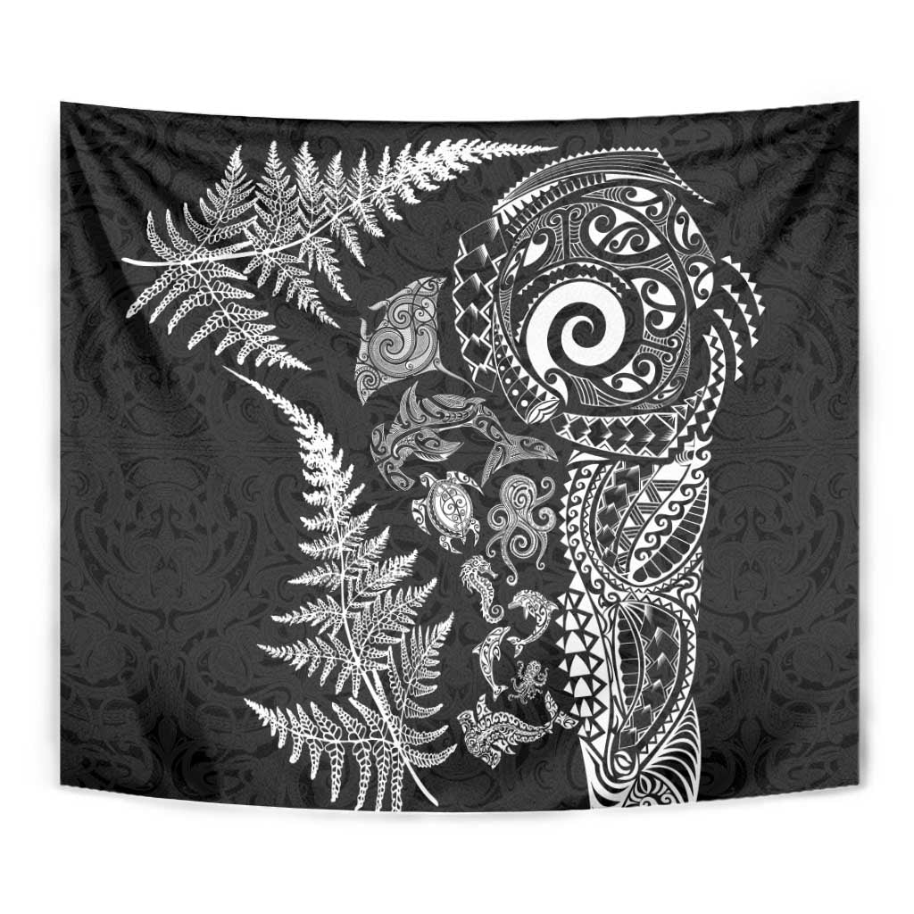 New Zealand Sea Animals Tapestry with Maori Koru Tribal Tattoo and Silver Ferns Black Color