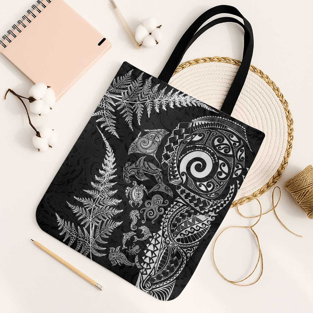 New Zealand Sea Animals Tote Bag with Maori Koru Tribal Tattoo and Silver Ferns Black Color