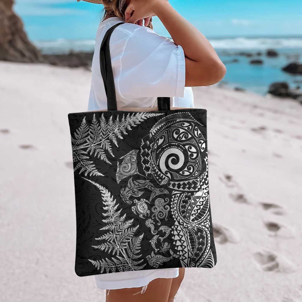 New Zealand Sea Animals Tote Bag with Maori Koru Tribal Tattoo and Silver Ferns Black Color