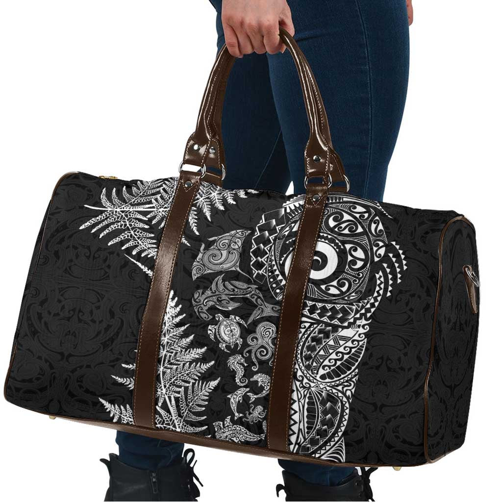 New Zealand Sea Animals Travel Bag with Maori Koru Tribal Tattoo and Silver Ferns Black Color