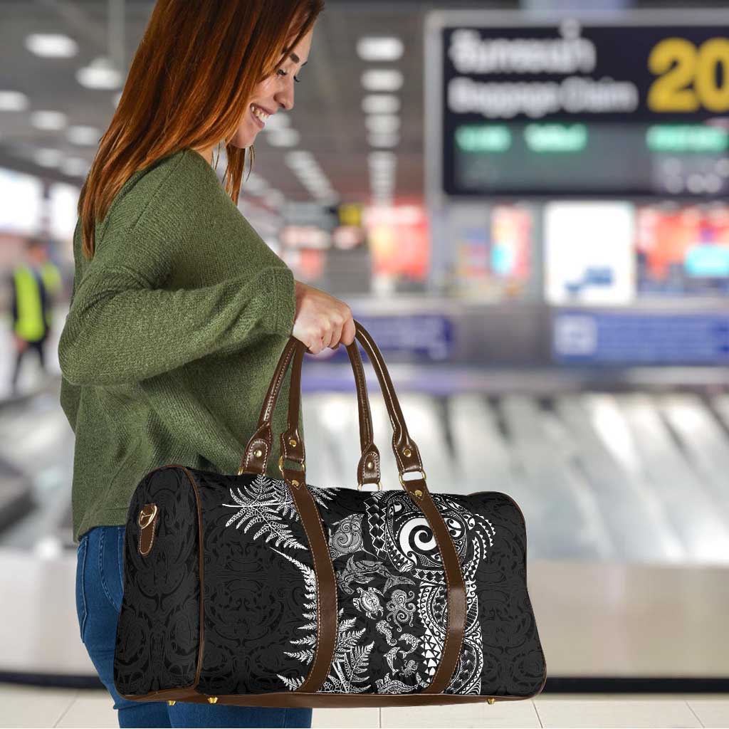New Zealand Sea Animals Travel Bag with Maori Koru Tribal Tattoo and Silver Ferns Black Color