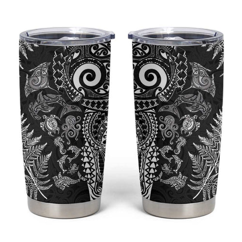 New Zealand Sea Animals Tumbler Cup with Maori Koru Tribal Tattoo and Silver Ferns Black Color