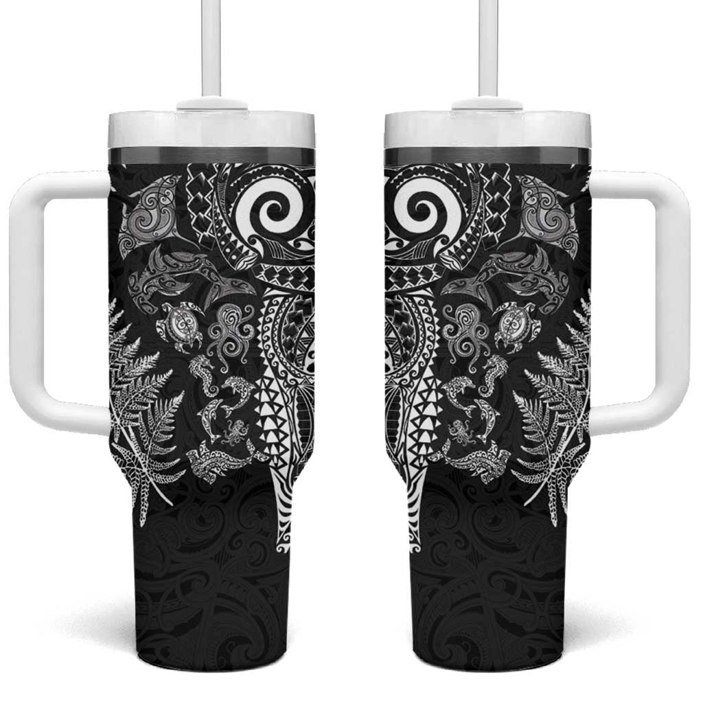 New Zealand Sea Animals Tumbler With Handle with Maori Koru Tribal Tattoo and Silver Ferns Black Color