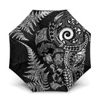 New Zealand Sea Animals Umbrella with Maori Koru Tribal Tattoo and Silver Ferns Black Color