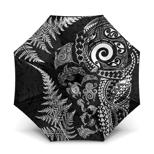New Zealand Sea Animals Umbrella with Maori Koru Tribal Tattoo and Silver Ferns Black Color