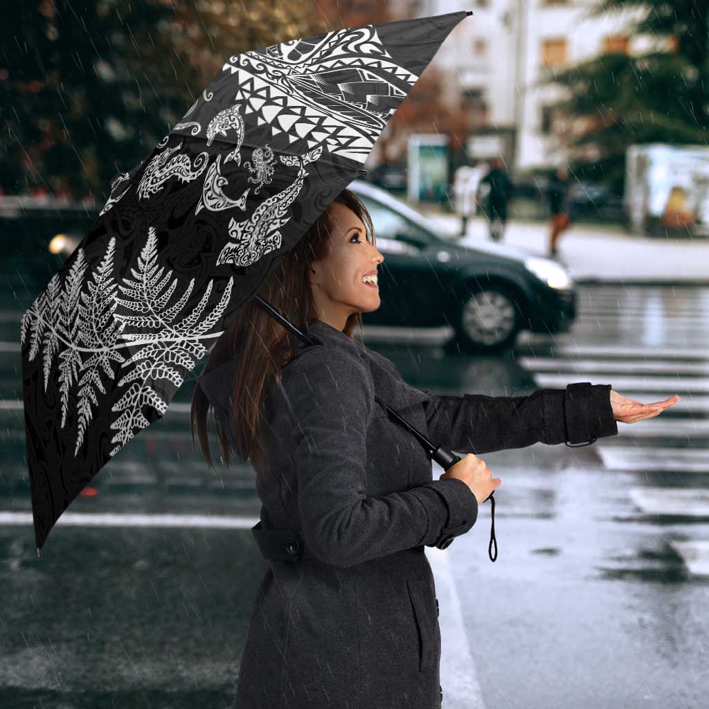 New Zealand Sea Animals Umbrella with Maori Koru Tribal Tattoo and Silver Ferns Black Color