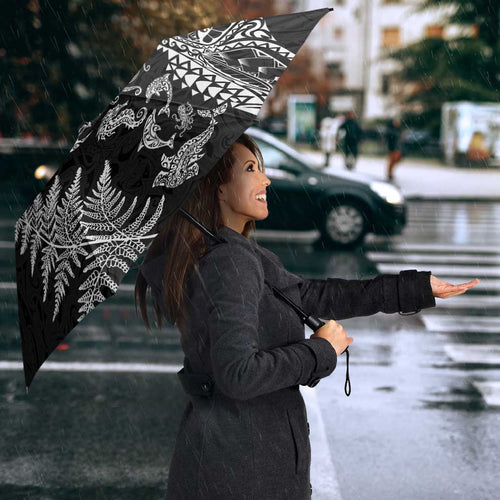 New Zealand Sea Animals Umbrella with Maori Koru Tribal Tattoo and Silver Ferns Black Color