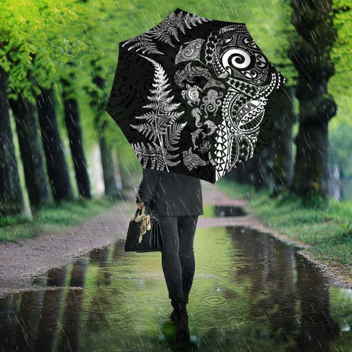 New Zealand Sea Animals Umbrella with Maori Koru Tribal Tattoo and Silver Ferns Black Color