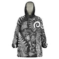 New Zealand Sea Animals Wearable Blanket Hoodie with Maori Koru Tribal Tattoo and Silver Ferns Black Color