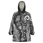 New Zealand Sea Animals Wearable Blanket Hoodie with Maori Koru Tribal Tattoo and Silver Ferns Black Color