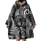 New Zealand Sea Animals Wearable Blanket Hoodie with Maori Koru Tribal Tattoo and Silver Ferns Black Color