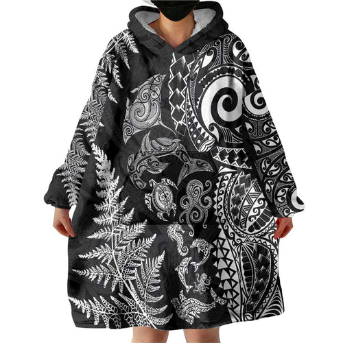 New Zealand Sea Animals Wearable Blanket Hoodie with Maori Koru Tribal Tattoo and Silver Ferns Black Color