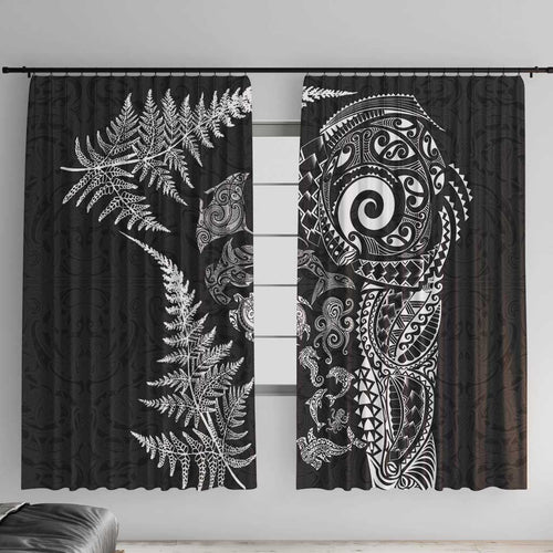 New Zealand Sea Animals Window Curtain with Maori Koru Tribal Tattoo and Silver Ferns Black Color