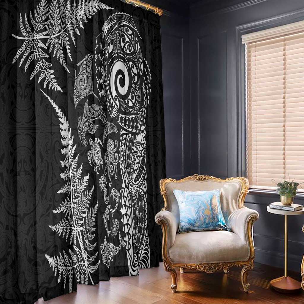 New Zealand Sea Animals Window Curtain with Maori Koru Tribal Tattoo and Silver Ferns Black Color