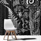 New Zealand Sea Animals Window Curtain with Maori Koru Tribal Tattoo and Silver Ferns Black Color