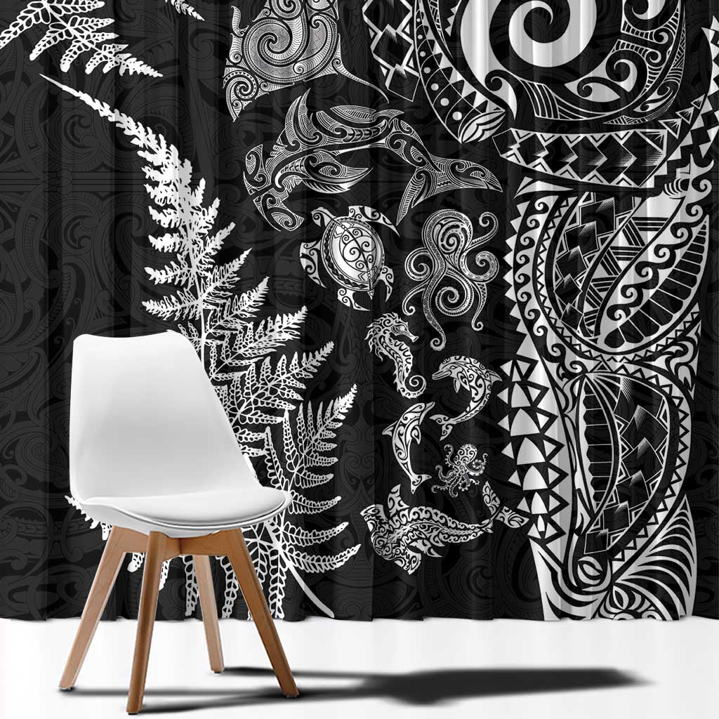 New Zealand Sea Animals Window Curtain with Maori Koru Tribal Tattoo and Silver Ferns Black Color