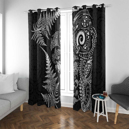 New Zealand Sea Animals Window Curtain with Maori Koru Tribal Tattoo and Silver Ferns Black Color