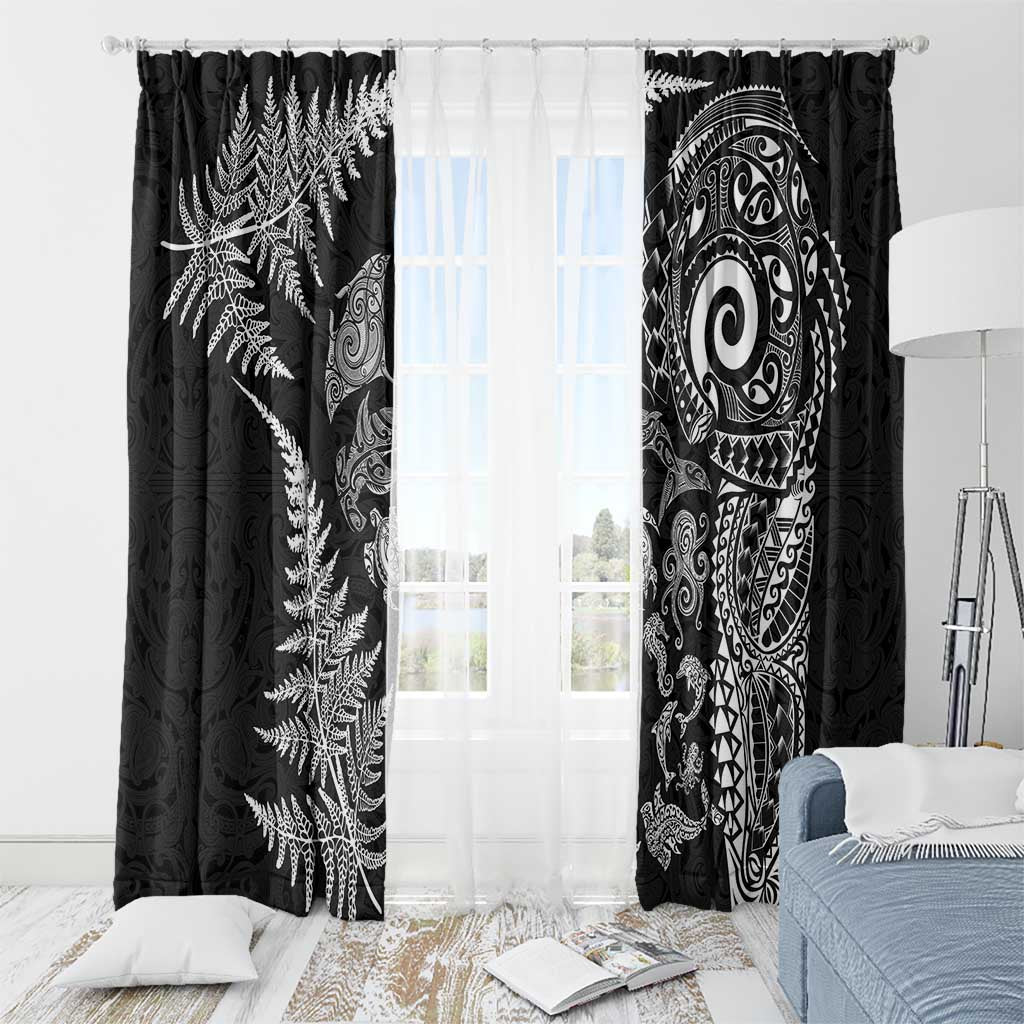 New Zealand Sea Animals Window Curtain with Maori Koru Tribal Tattoo and Silver Ferns Black Color