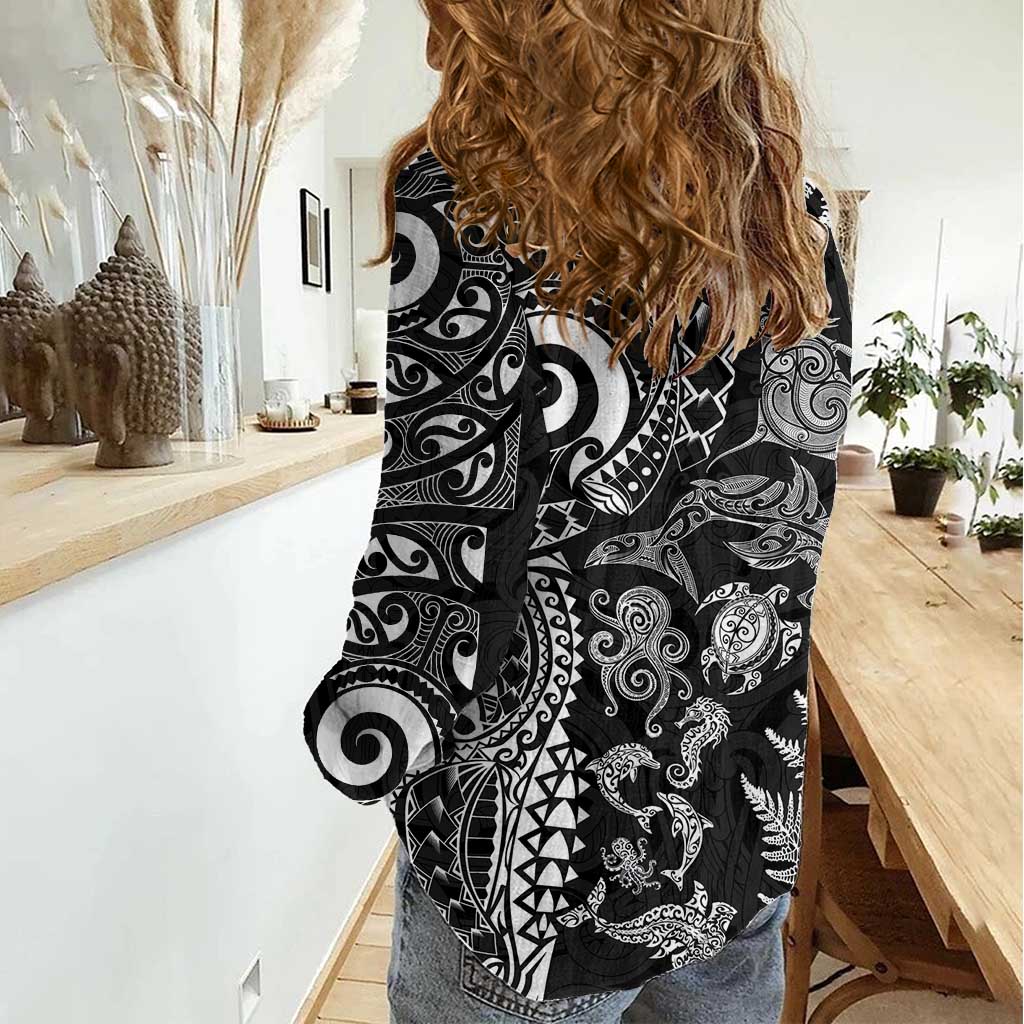 New Zealand Sea Animals Women Casual Shirt with Maori Koru Tribal Tattoo and Silver Ferns Black Color