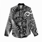 New Zealand Sea Animals Women Casual Shirt with Maori Koru Tribal Tattoo and Silver Ferns Black Color