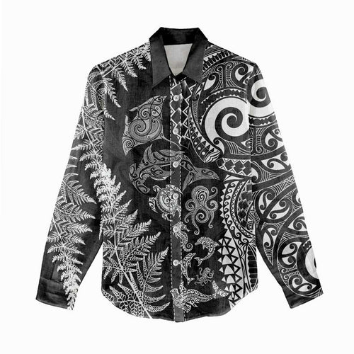 New Zealand Sea Animals Women Casual Shirt with Maori Koru Tribal Tattoo and Silver Ferns Black Color