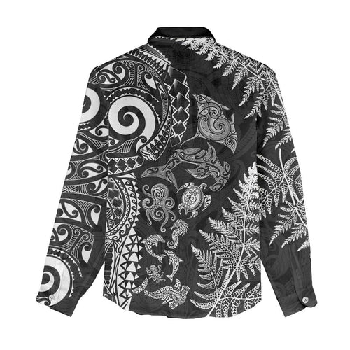 New Zealand Sea Animals Women Casual Shirt with Maori Koru Tribal Tattoo and Silver Ferns Black Color