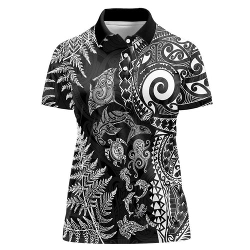 New Zealand Sea Animals Women Polo Shirt with Maori Koru Tribal Tattoo and Silver Ferns Black Color