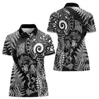 New Zealand Sea Animals Women Polo Shirt with Maori Koru Tribal Tattoo and Silver Ferns Black Color