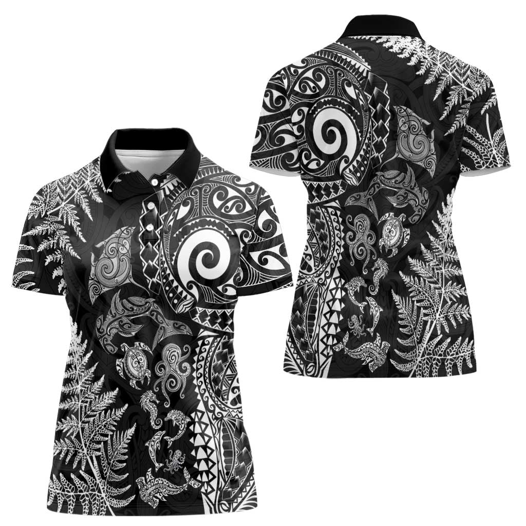 New Zealand Sea Animals Women Polo Shirt with Maori Koru Tribal Tattoo and Silver Ferns Black Color