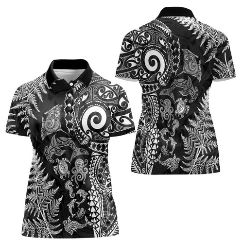 New Zealand Sea Animals Women Polo Shirt with Maori Koru Tribal Tattoo and Silver Ferns Black Color