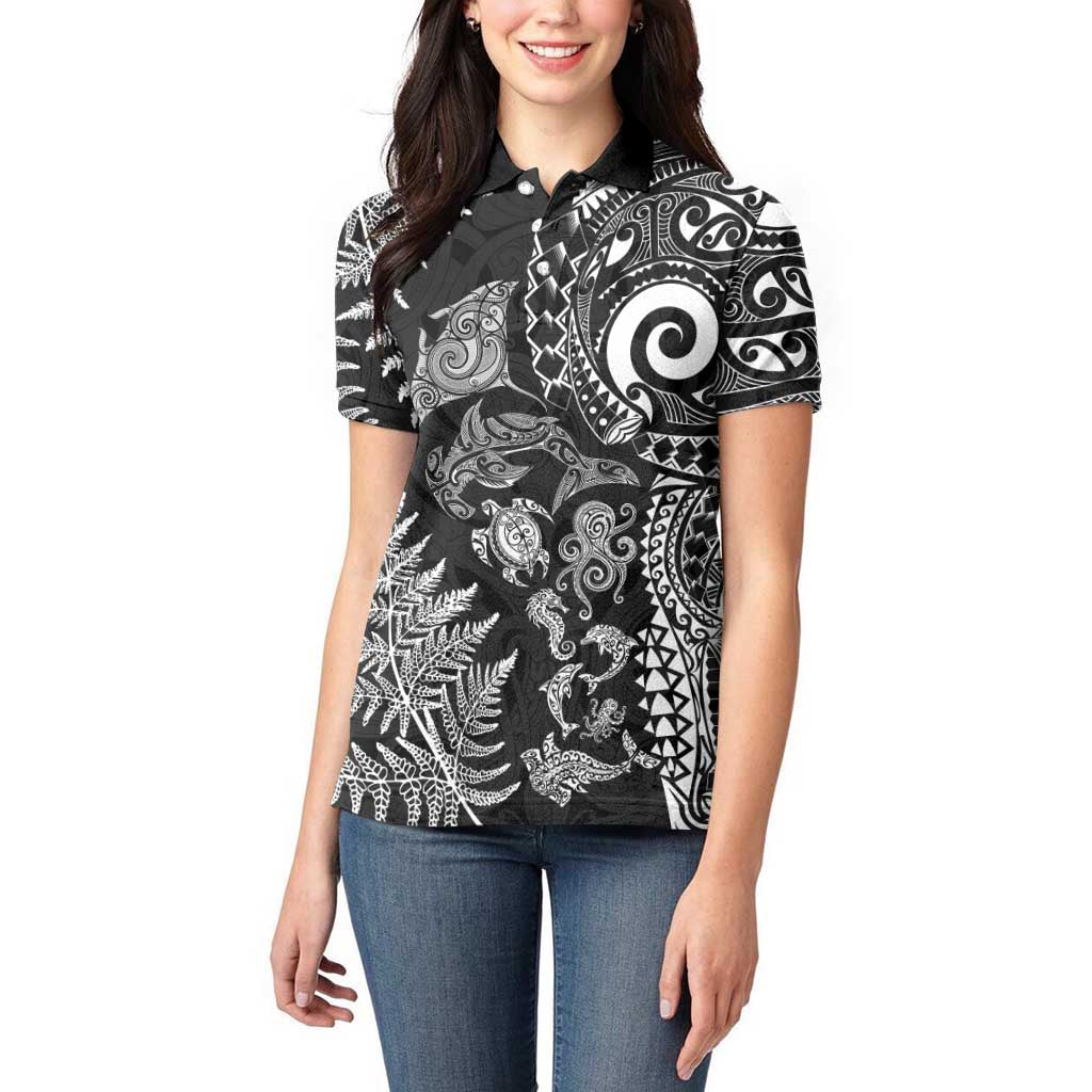New Zealand Sea Animals Women Polo Shirt with Maori Koru Tribal Tattoo and Silver Ferns Black Color