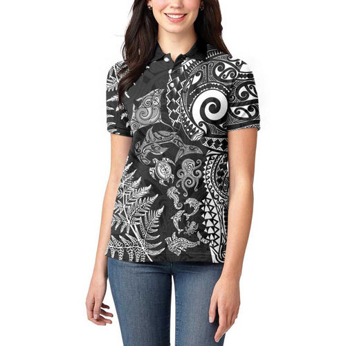 New Zealand Sea Animals Women Polo Shirt with Maori Koru Tribal Tattoo and Silver Ferns Black Color