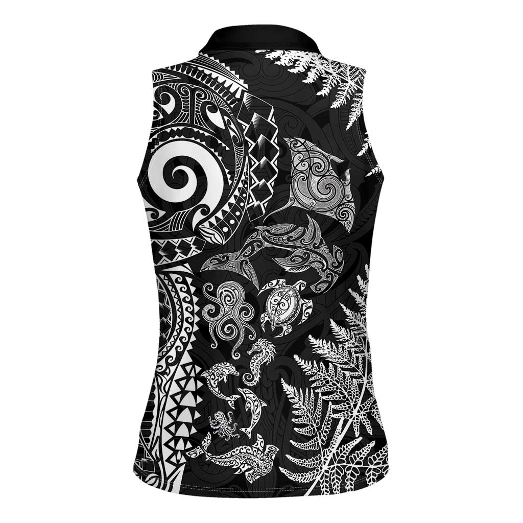 New Zealand Sea Animals Women Sleeveless Polo Shirt with Maori Koru Tribal Tattoo and Silver Ferns Black Color