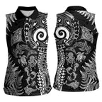 New Zealand Sea Animals Women Sleeveless Polo Shirt with Maori Koru Tribal Tattoo and Silver Ferns Black Color