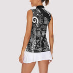 New Zealand Sea Animals Women Sleeveless Polo Shirt with Maori Koru Tribal Tattoo and Silver Ferns Black Color