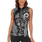 New Zealand Sea Animals Women Sleeveless Polo Shirt with Maori Koru Tribal Tattoo and Silver Ferns Black Color