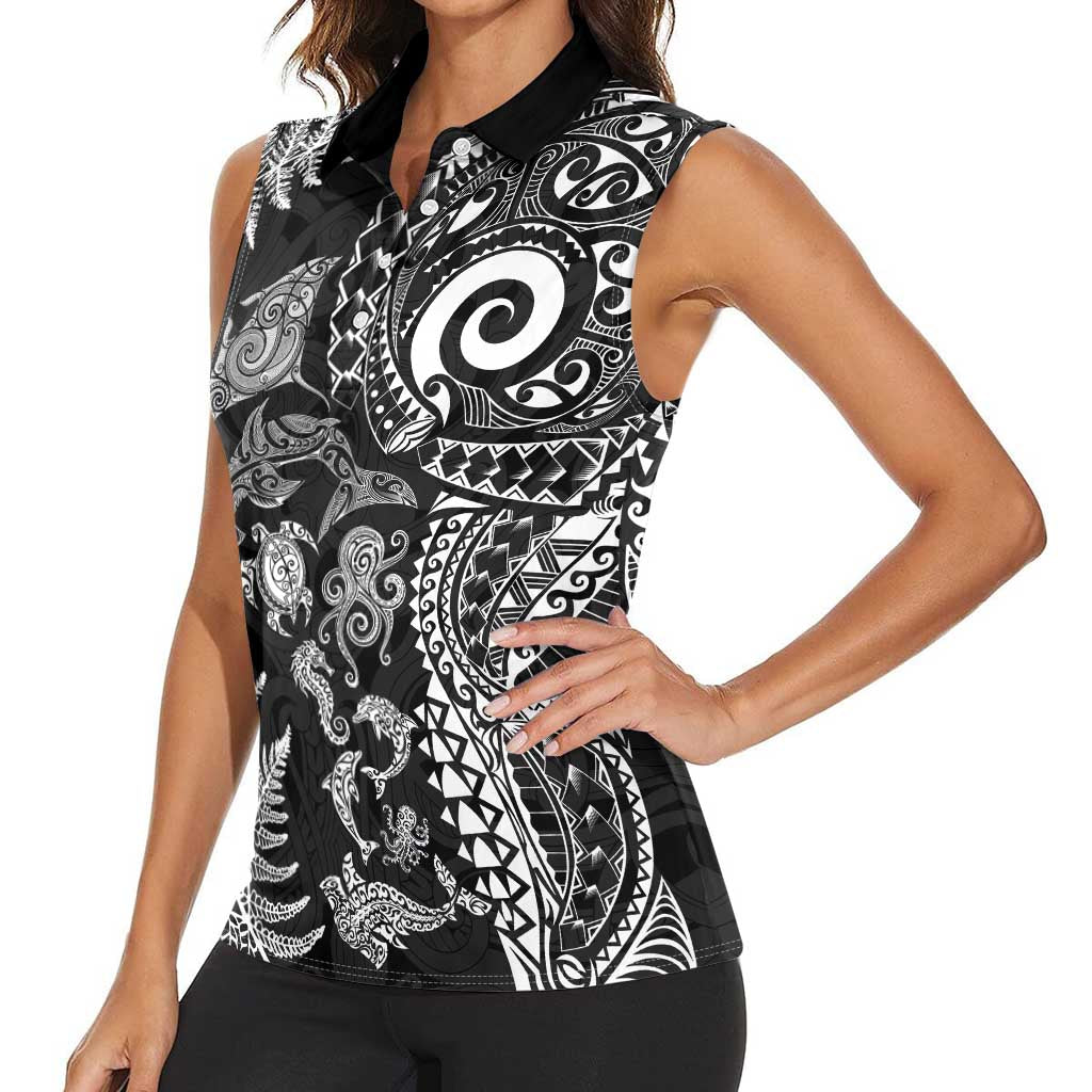 New Zealand Sea Animals Women Sleeveless Polo Shirt with Maori Koru Tribal Tattoo and Silver Ferns Black Color