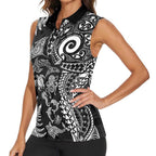 New Zealand Sea Animals Women Sleeveless Polo Shirt with Maori Koru Tribal Tattoo and Silver Ferns Black Color