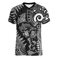 New Zealand Sea Animals Women V-Neck T-Shirt with Maori Koru Tribal Tattoo and Silver Ferns Black Color
